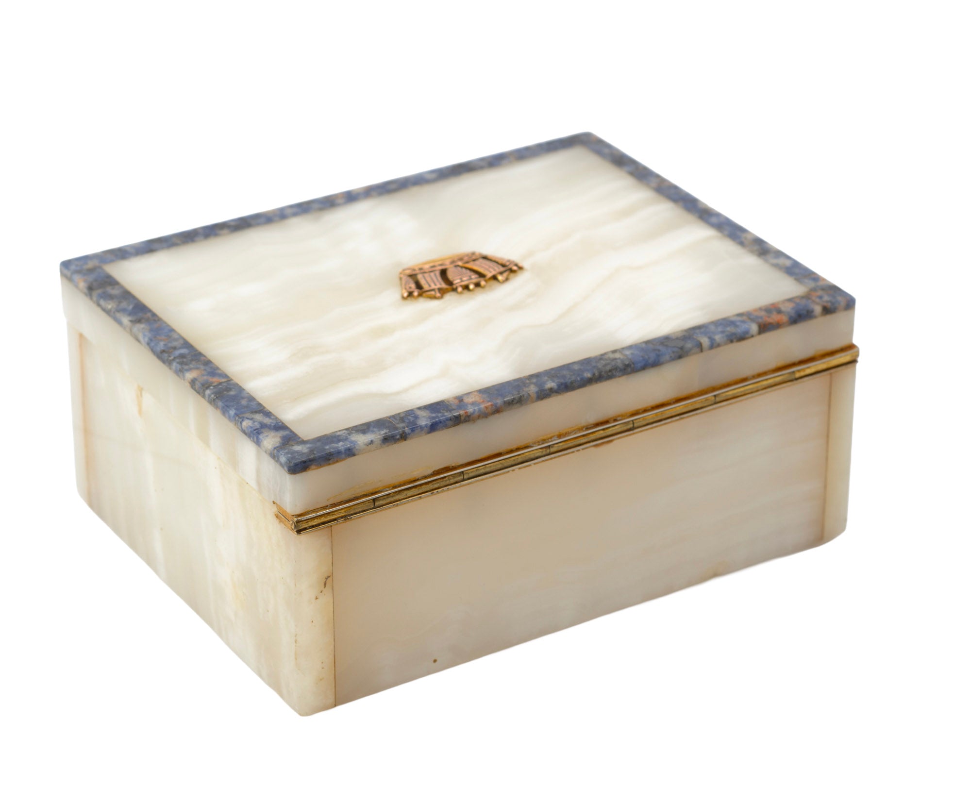 Art Deco white onyx desk box - base view showing underside with two small chips noted in condition, c.1930