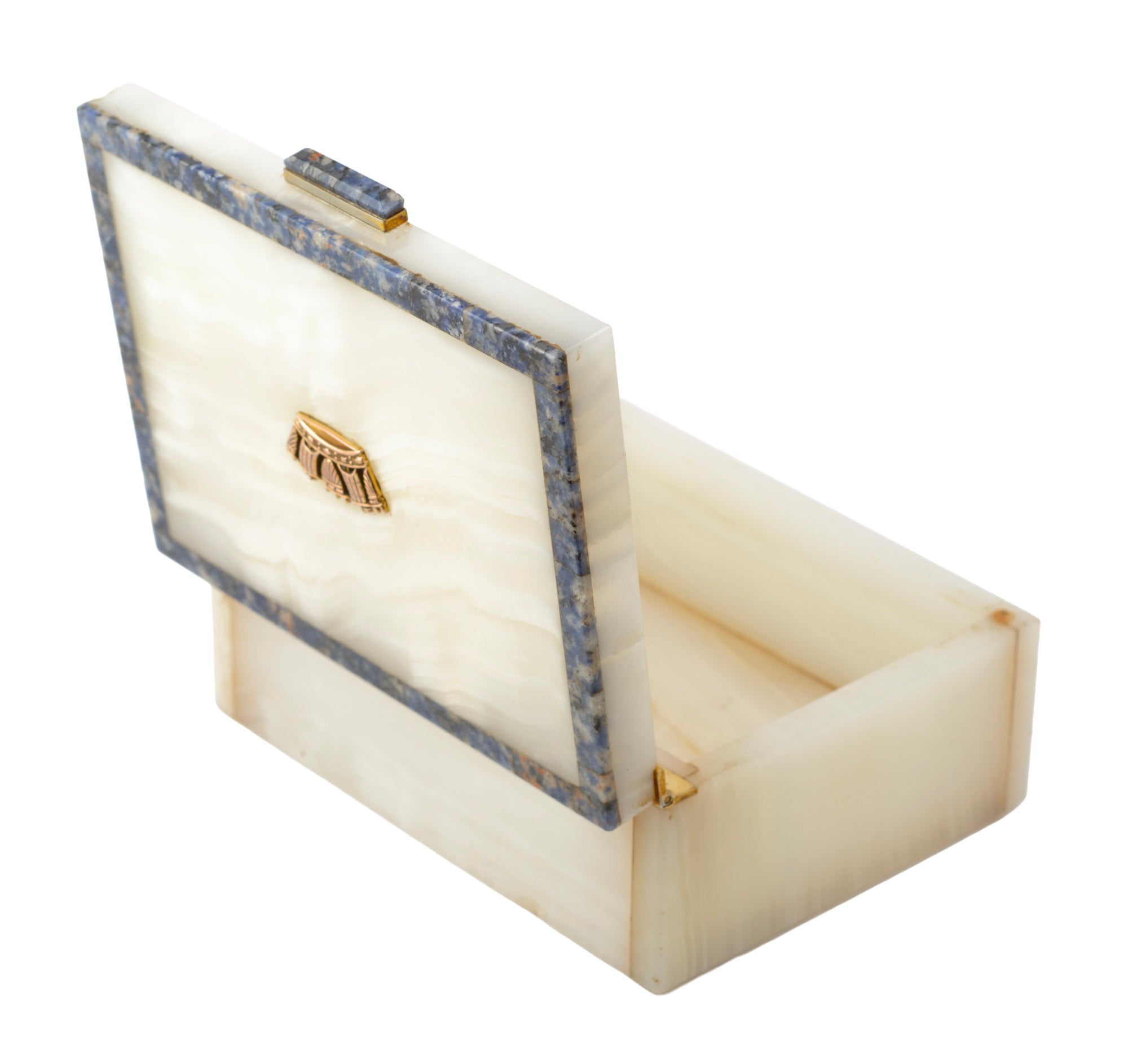 Art Deco white onyx desk box - close-up of H.G. & S. Made in England stamp on gilt metal piano hinge