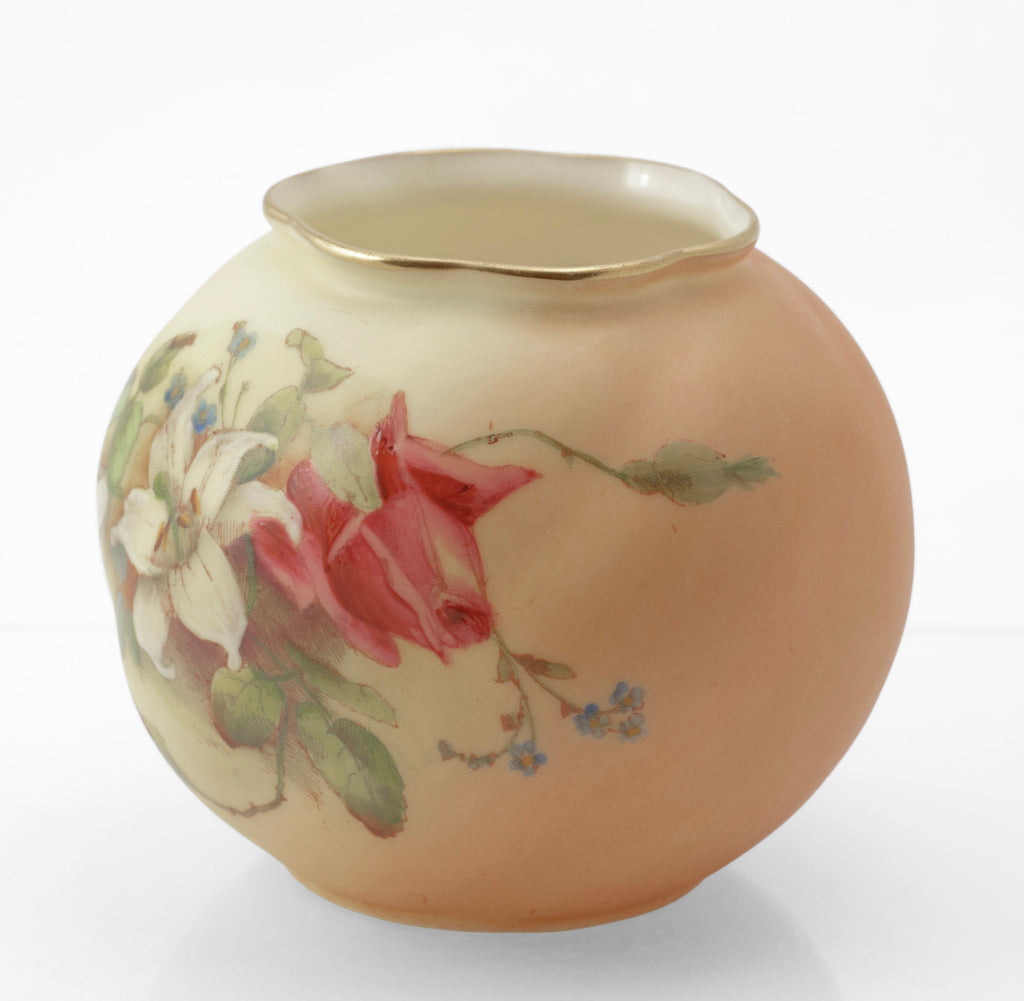 Antique Royal Worcester blush ivory posy vase - front view showing pink rose and white lily decoration, 1914
