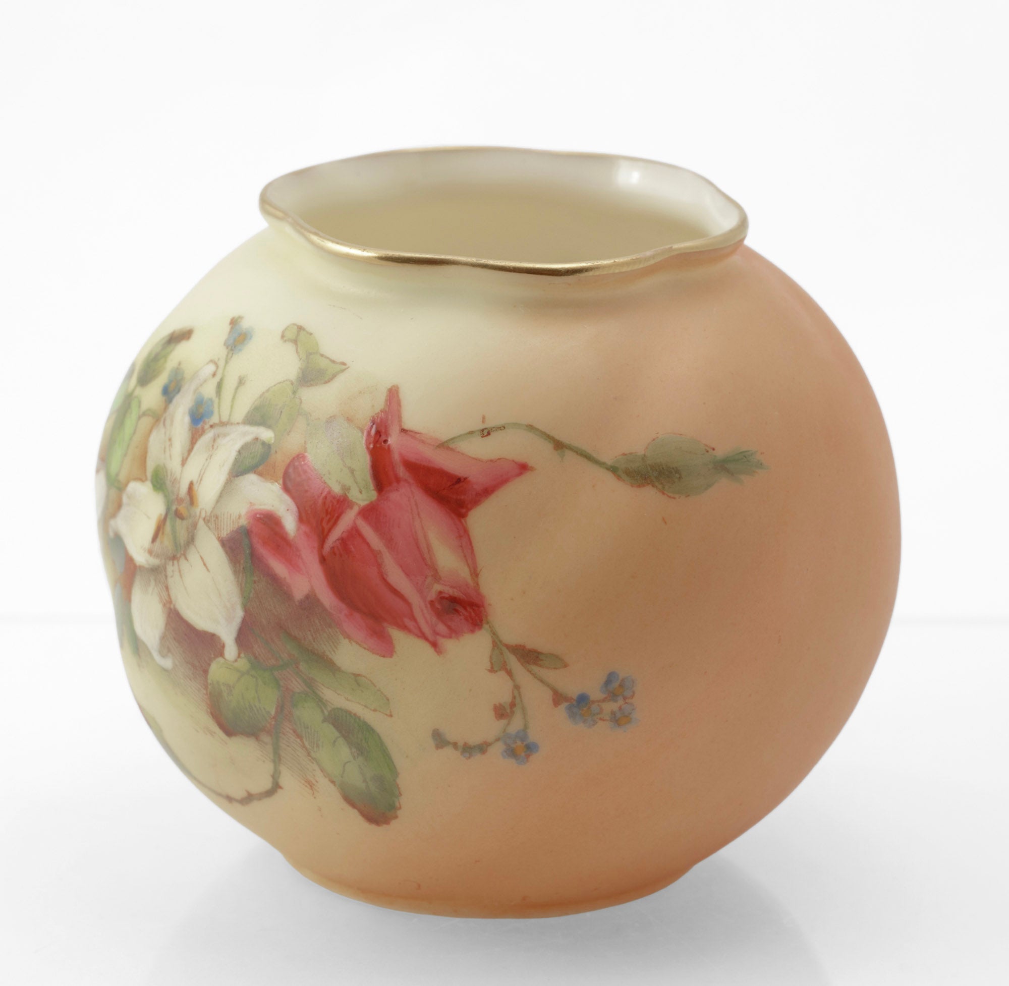 Antique Royal Worcester blush ivory posy vase - front view showing pink rose and white lily decoration, 1914