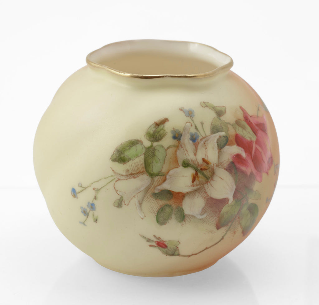 Antique Royal Worcester blush ivory posy vase - three-quarter view showing full floral decoration with lily and rose, 1914