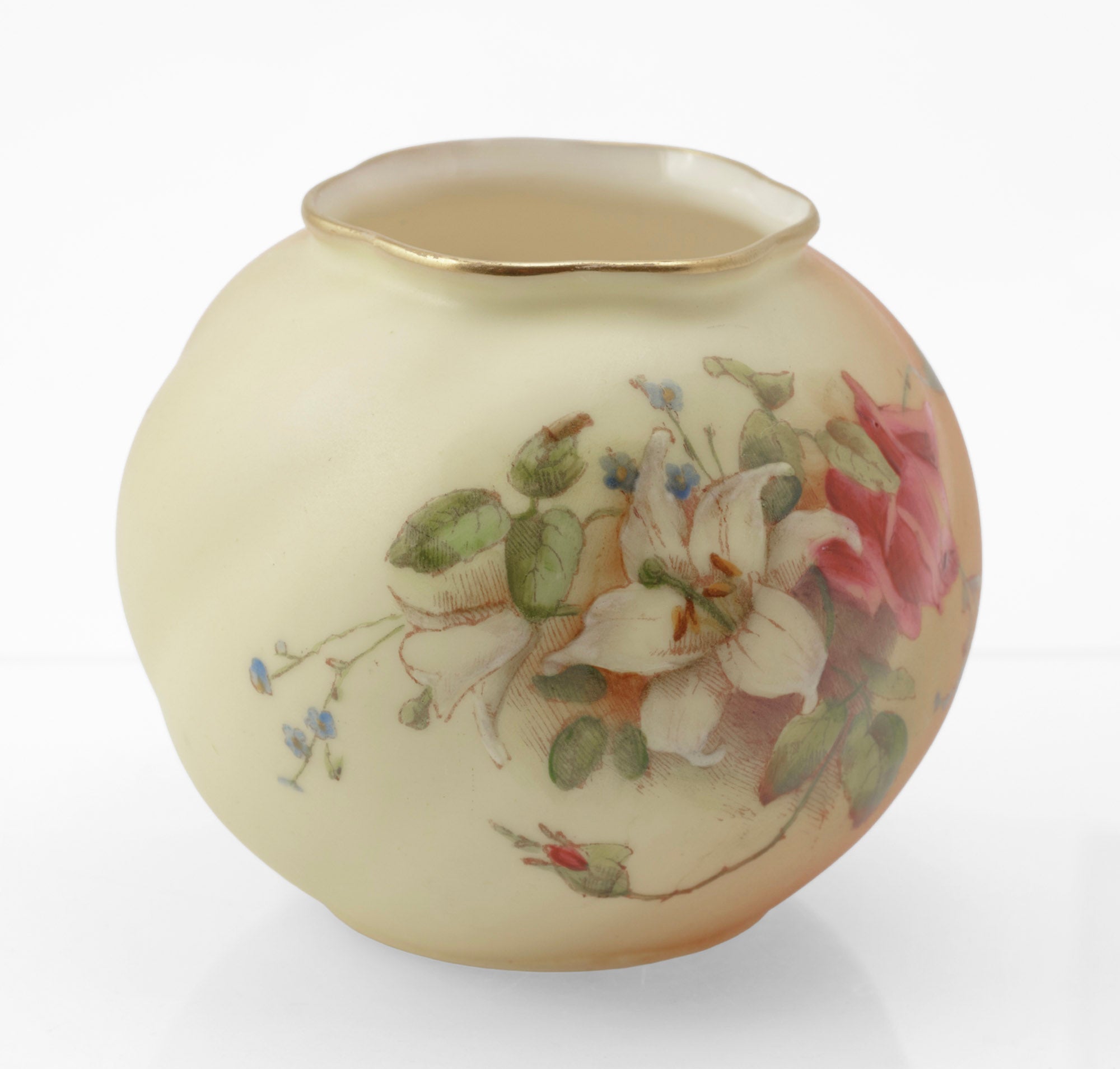 Antique Royal Worcester blush ivory posy vase - three-quarter view showing full floral decoration with lily and rose, 1914