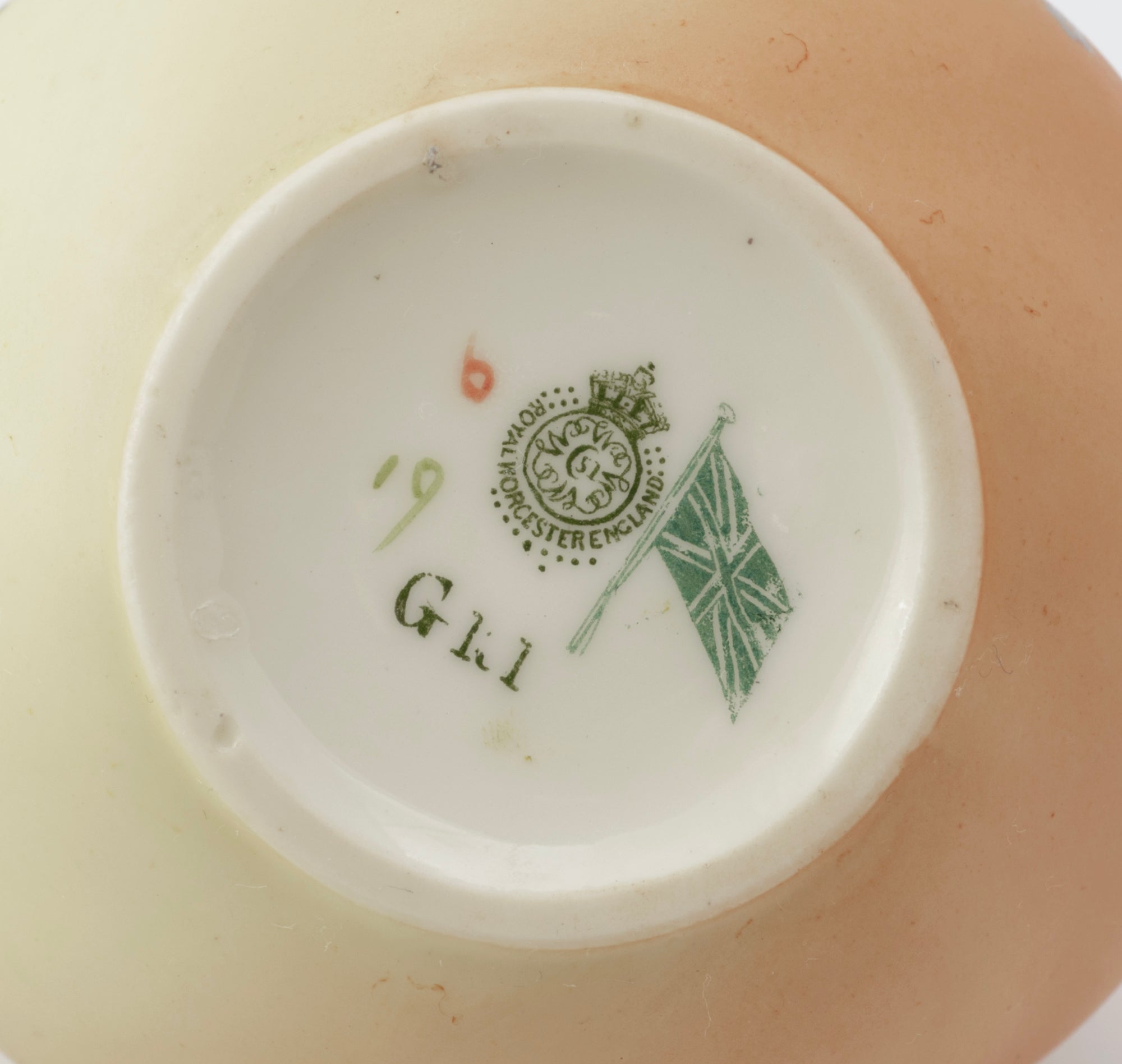 Antique Royal Worcester blush ivory posy vase - base showing green printed mark, Union Jack patriotic flag mark and date code 1914