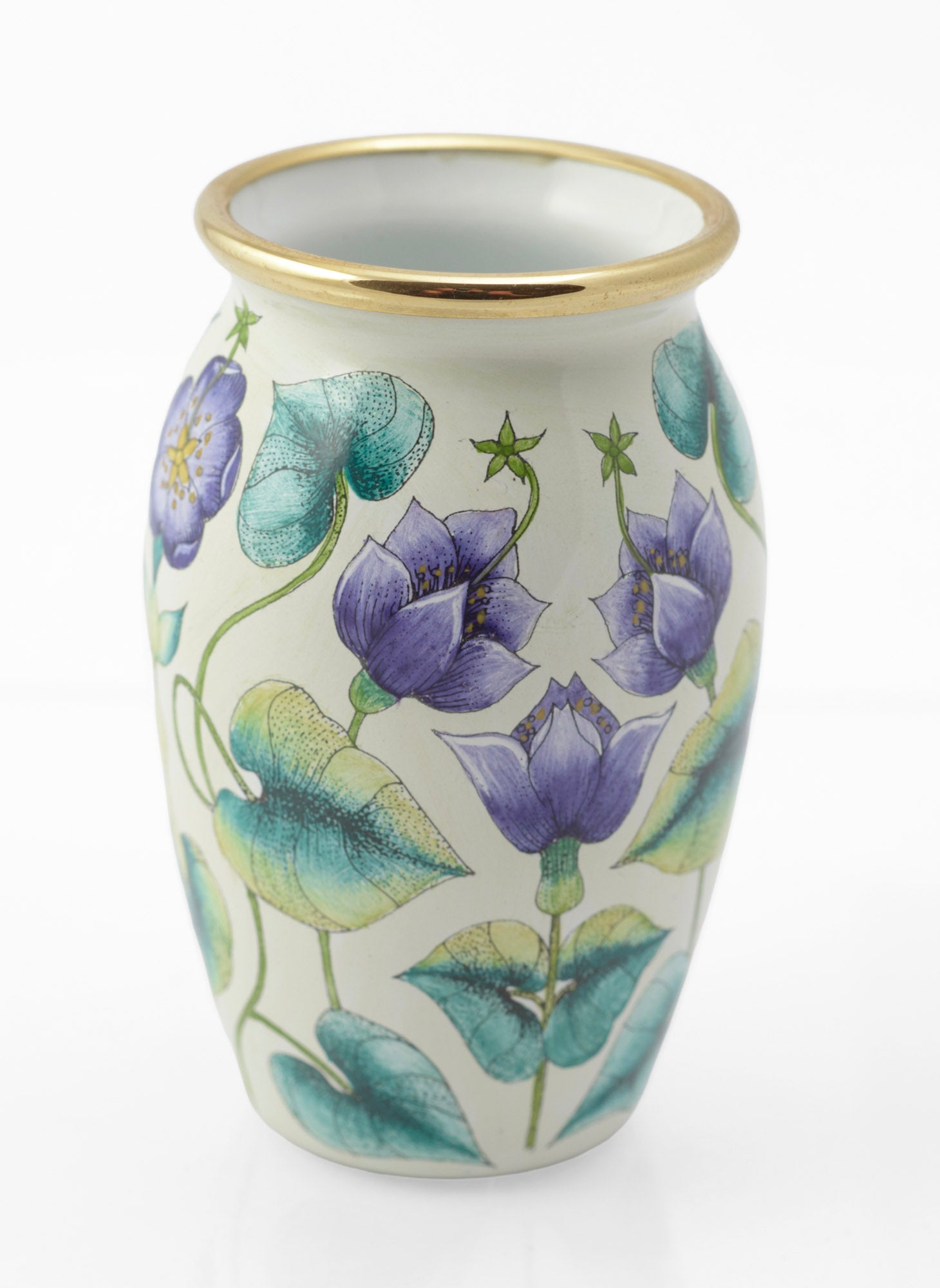 Moorcroft Enamels miniature vase reverse view showing purple flowers and curling green stems, 2000