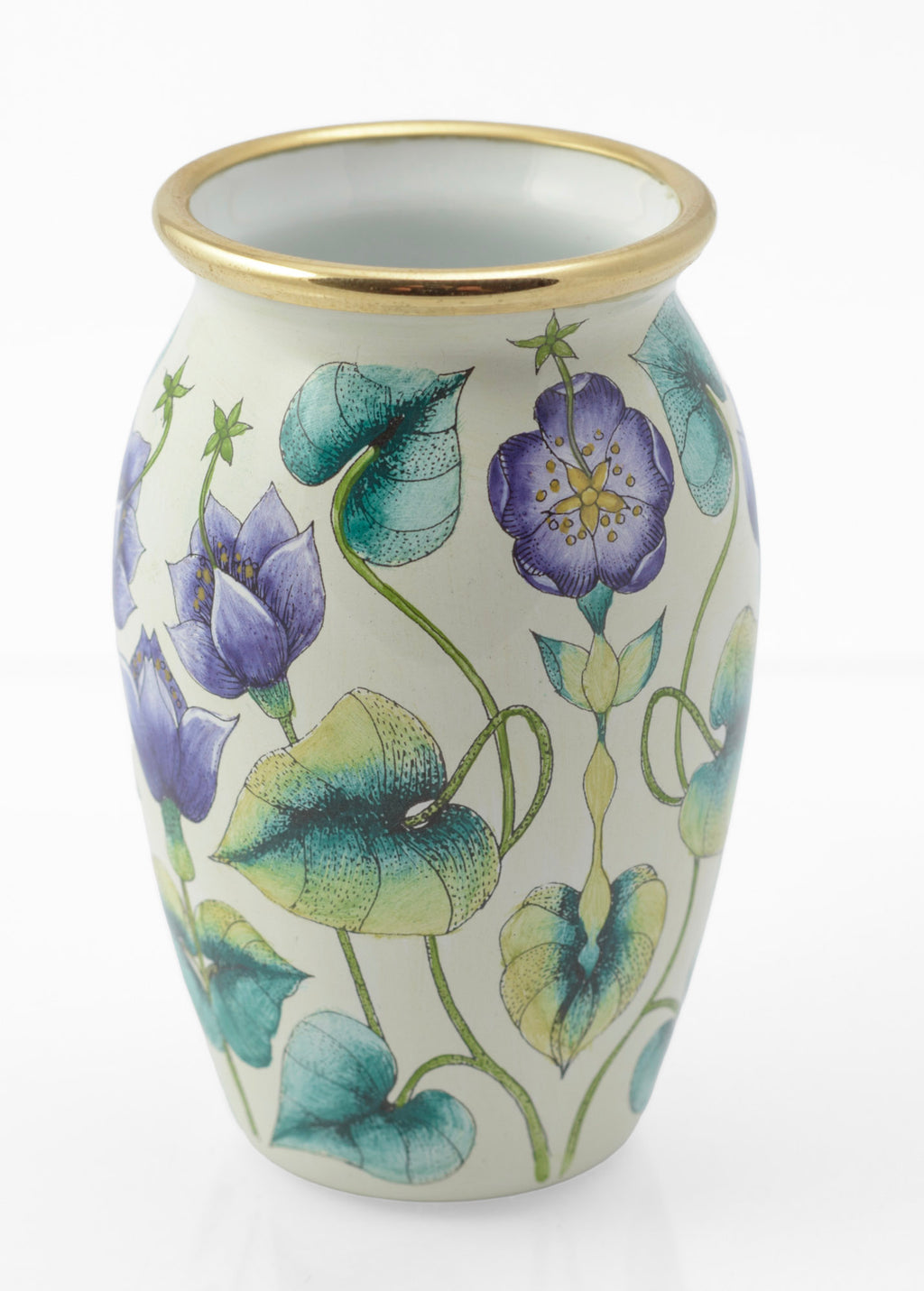 Moorcroft Enamels miniature vase three-quarter view showing gilt rim and full floral decoration, 2000