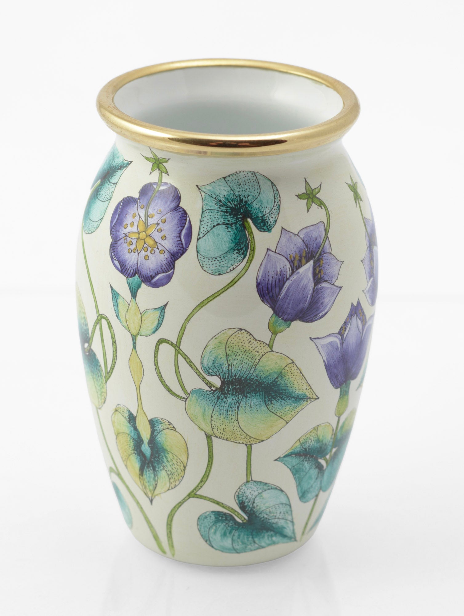 Moorcroft Enamels miniature vase top view showing polished gilt rim, 2000