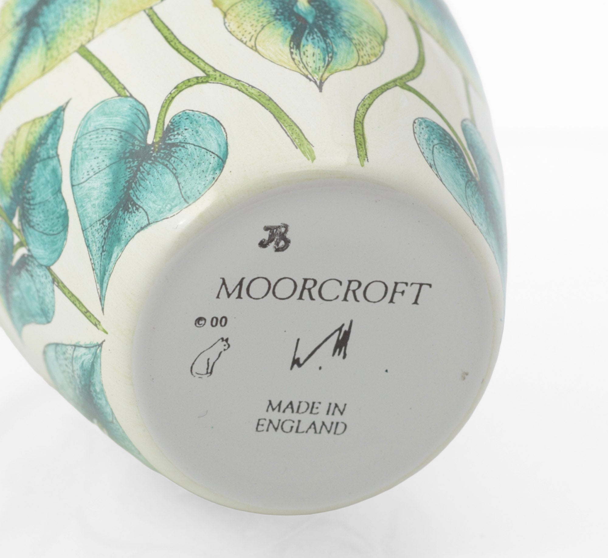 Moorcroft Enamels miniature vase base showing factory mark, copyright 2000 date code, WM facsimile signature, painter initials JB and Made in England mark