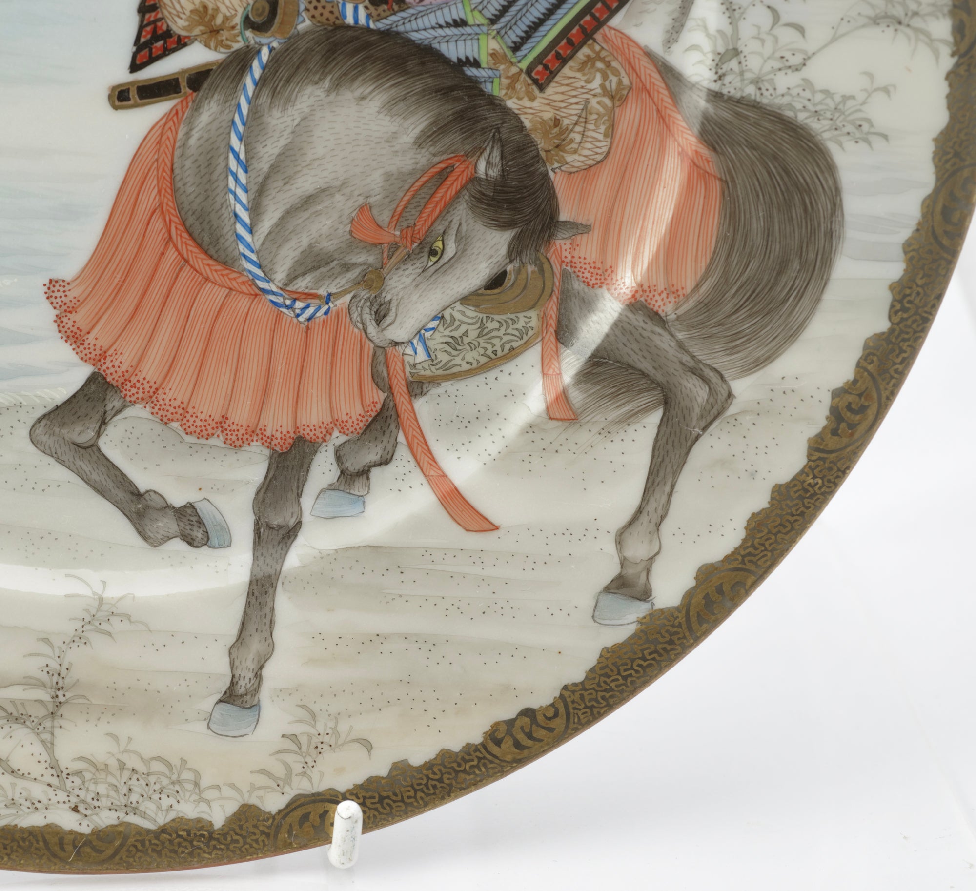 Antique Japanese Yokohama-e Porcelain Plate - Samurai on Horseback - Meiji Period - Signed Ikkei - 3371