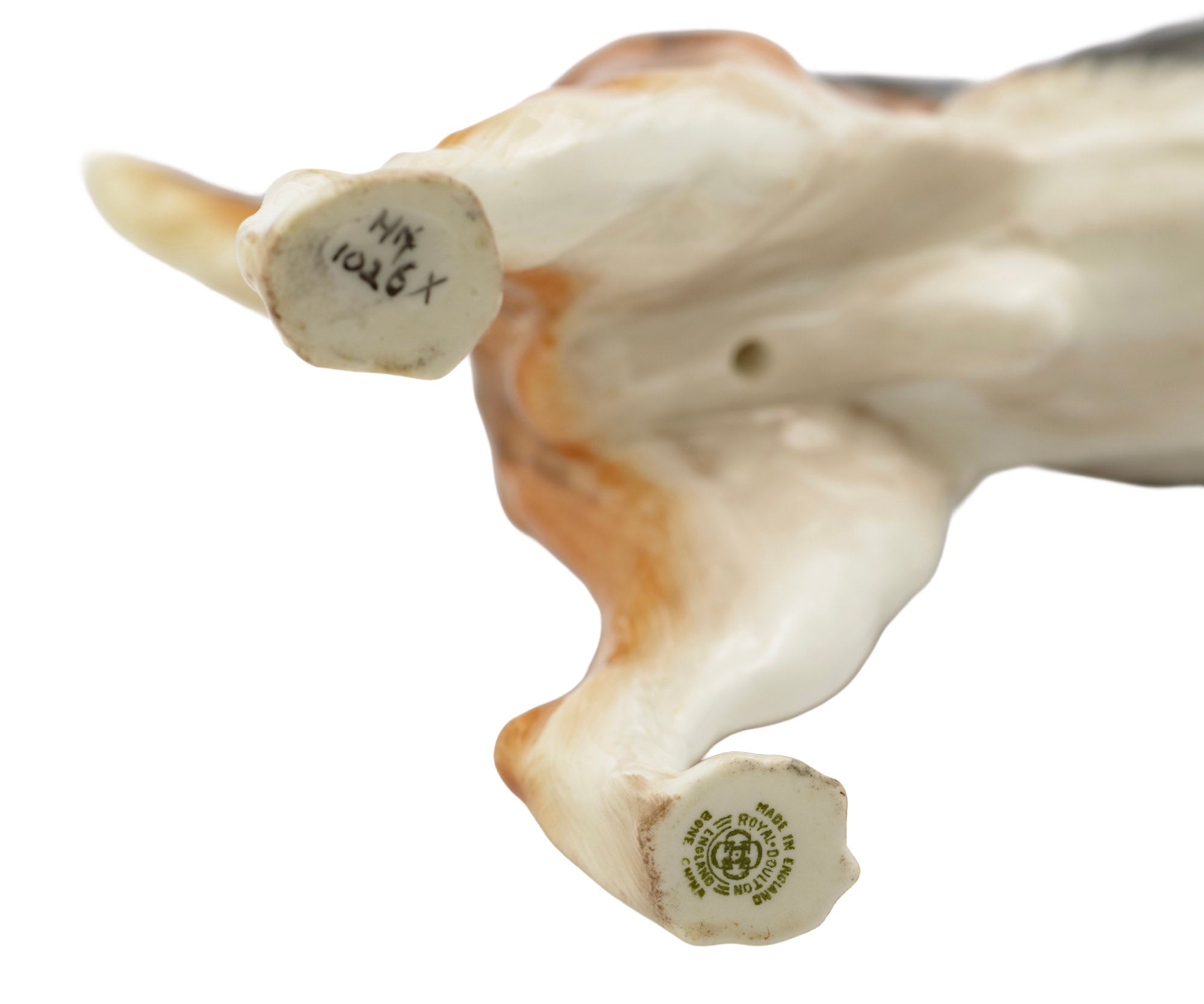 Royal Doulton English Foxhound HN1026 Ch. Tring Rattler figure - underside detail showing hand painted model number HN1026 and Royal Doulton mark