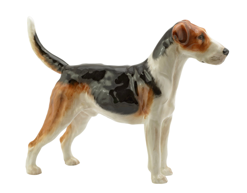 Royal Doulton English Foxhound HN1026 Ch. Tring Rattler figure - three quarter front view showing white, black and russet coat decoration