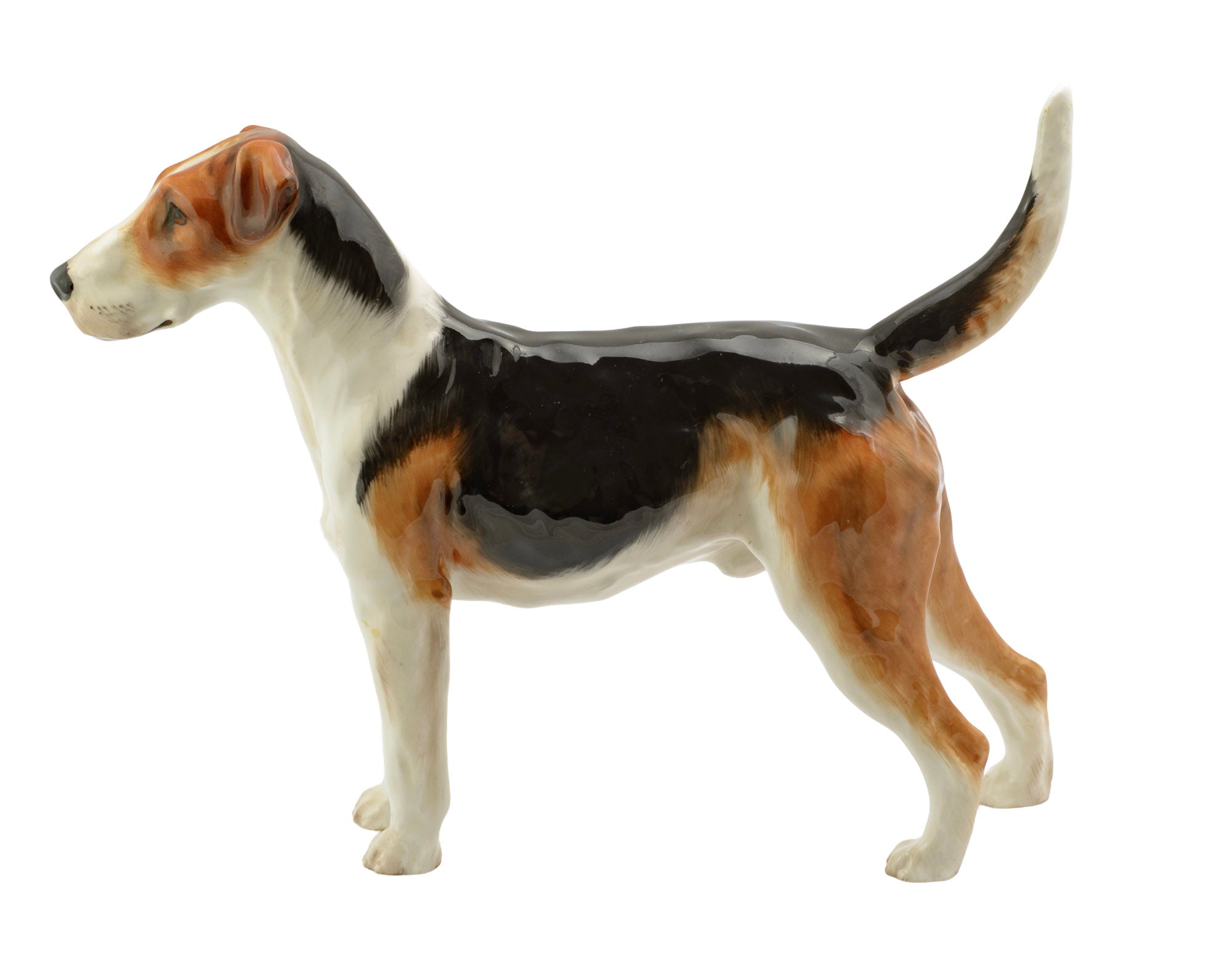 Royal Doulton English Foxhound HN1026 Ch. Tring Rattler figure - three quarter rear view showing black and russet saddle detail