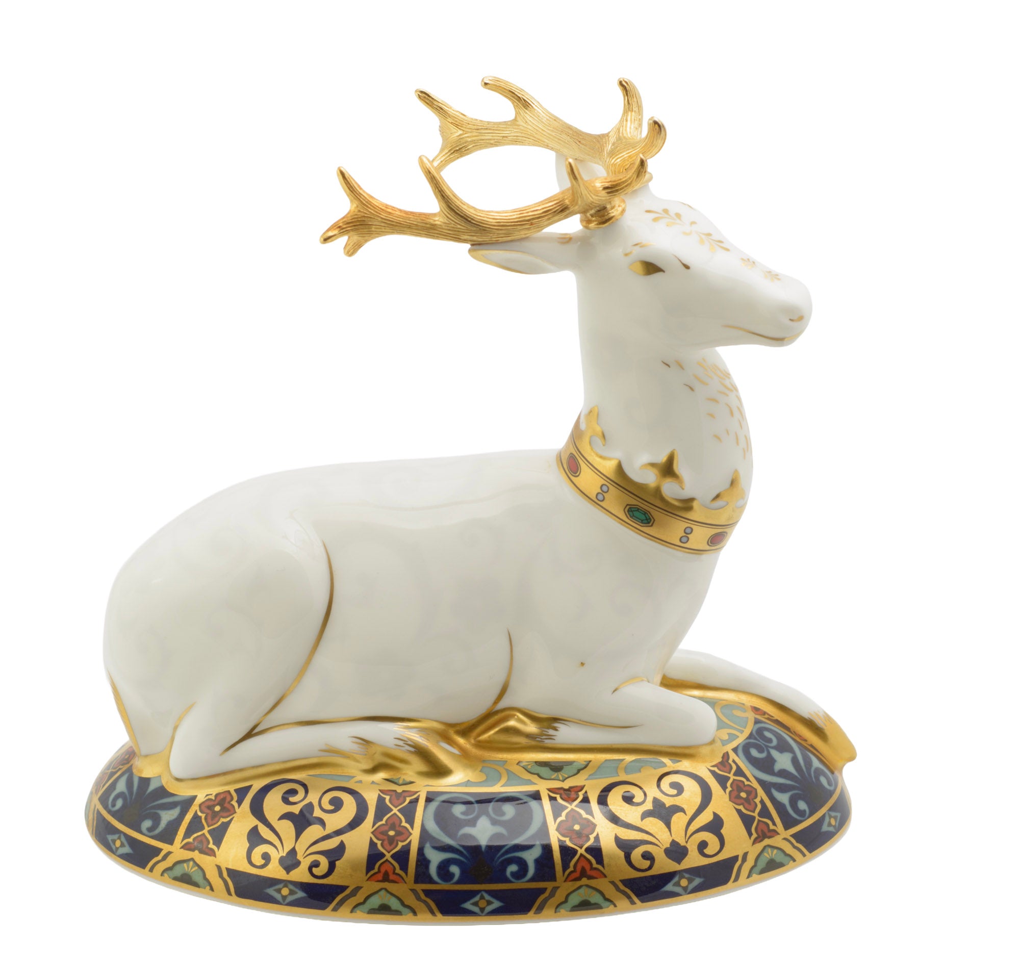 Royal Crown Derby The White Hart limited edition bone china paperweight - front view showing white stag with gilt metal antlers and heraldic base