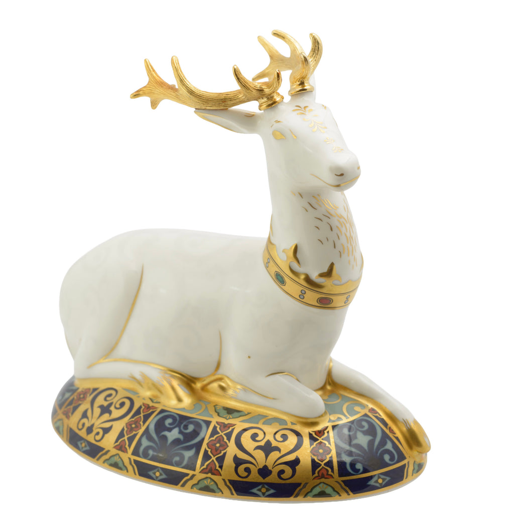 Royal Crown Derby The White Hart paperweight - rear view showing gilt metal antlers and heraldic base decoration