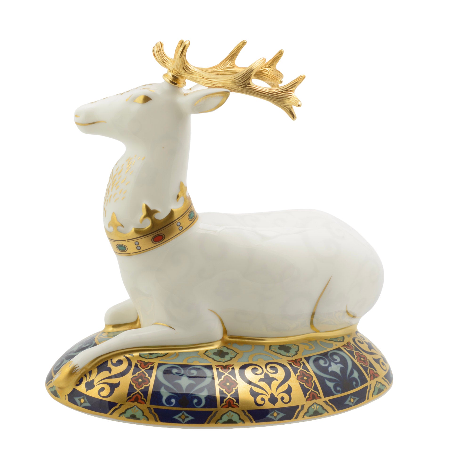 Royal Crown Derby The White Hart paperweight - alternative side view showing gilded details on coat and body