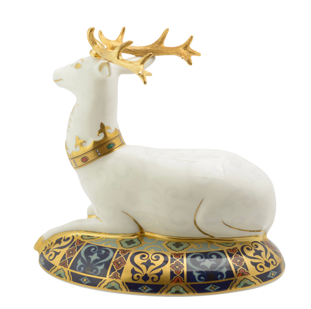 Royal Crown Derby The White Hart paperweight - close up of gilt metal antlers and gilded crown collar with simulated jewels