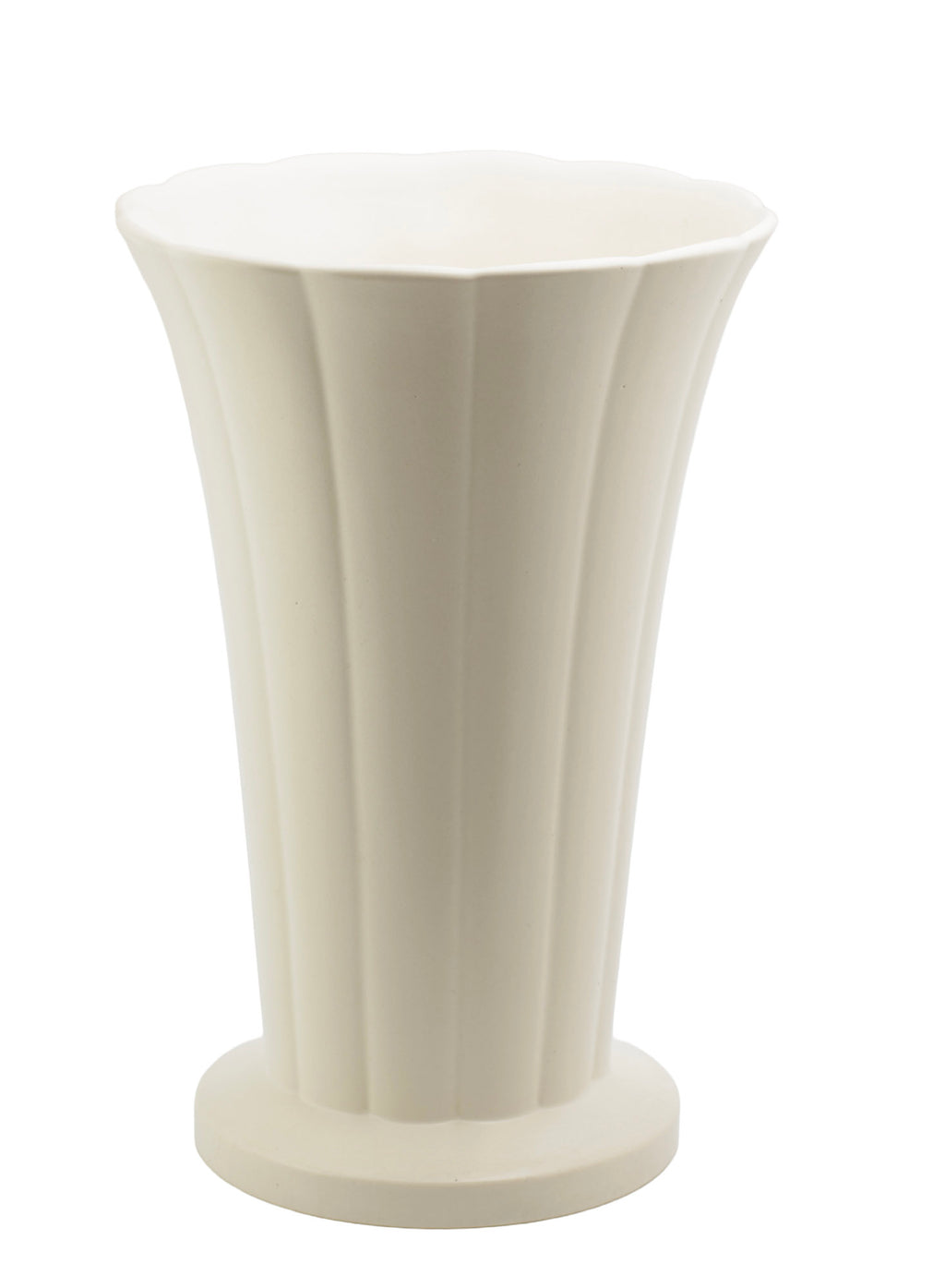 Wedgwood Keith Murray Art Deco cream glazed fluted vase c.1930s - full view showing tall vertical flutes and gently flared scalloped rim on broad circular foot