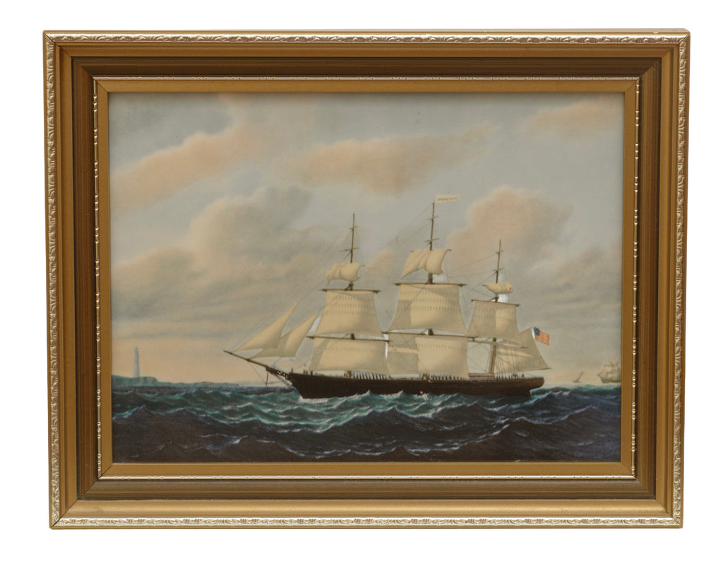 Vintage Wedgwood Dashing Wave clipper ship ceramic plaque in gilt frame - left side view showing ship under sail