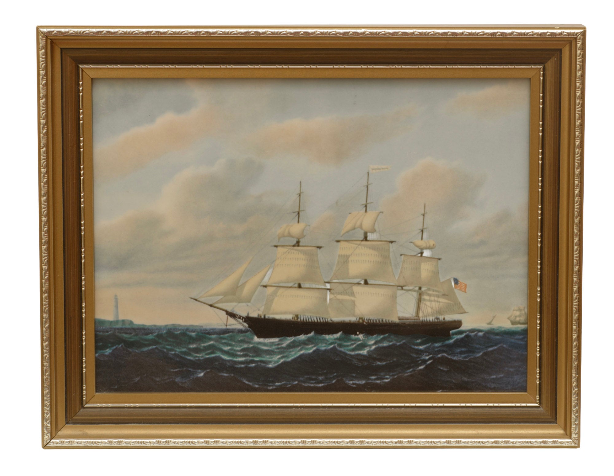 Vintage Wedgwood Dashing Wave clipper ship ceramic plaque in gilt frame - left side view showing ship under sail