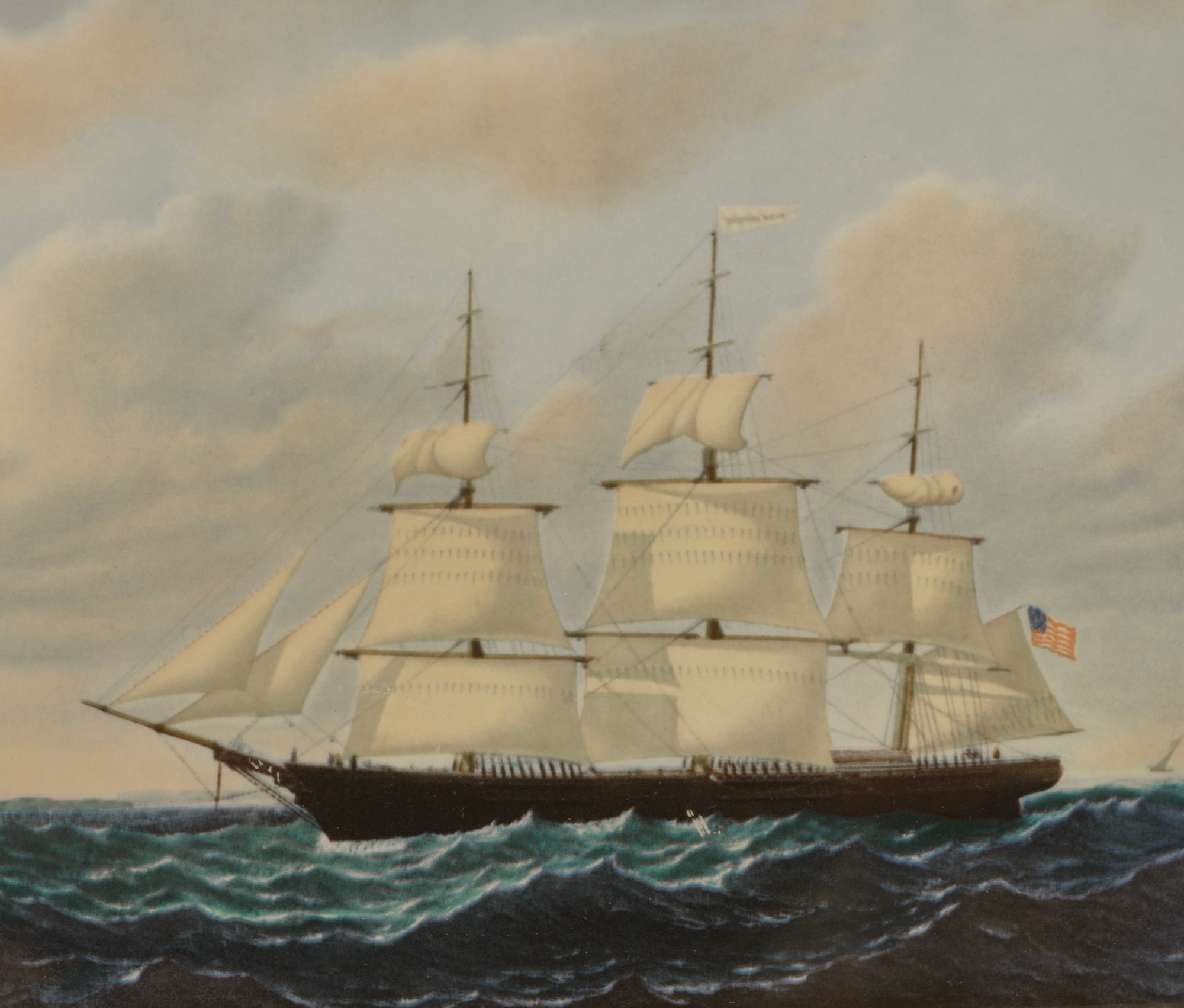 Vintage Wedgwood Dashing Wave clipper ship plaque - right side view showing American flag and second vessel