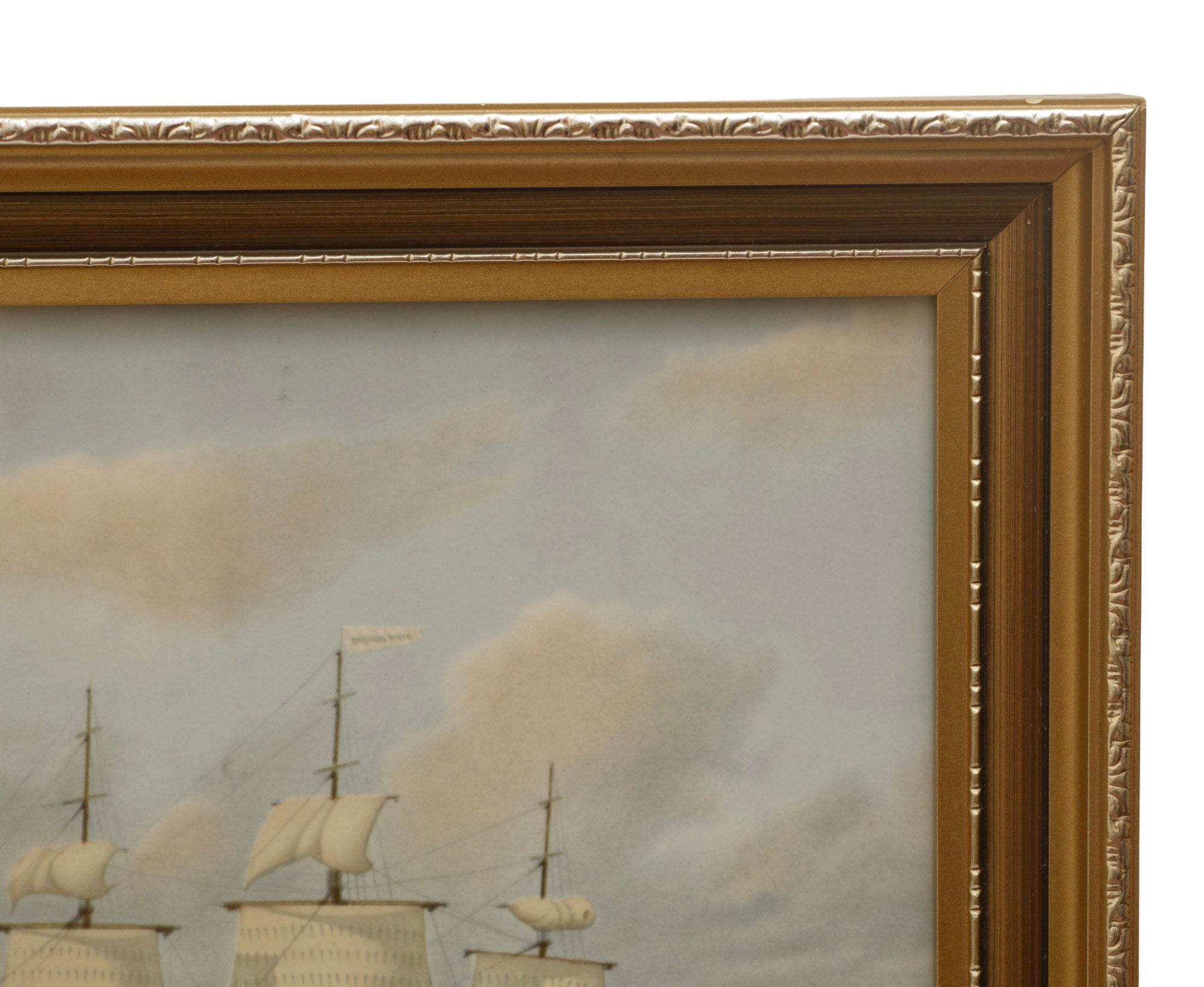 Vintage Wedgwood Dashing Wave plaque - close-up of reverse label showing ship history and William Bradford credit
