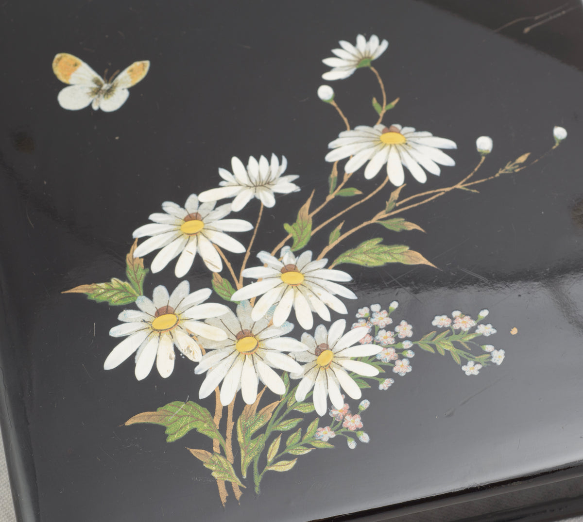 Late Victorian English black lacquer box lid with white daisies, flowering stems, green foliage and a butterfly