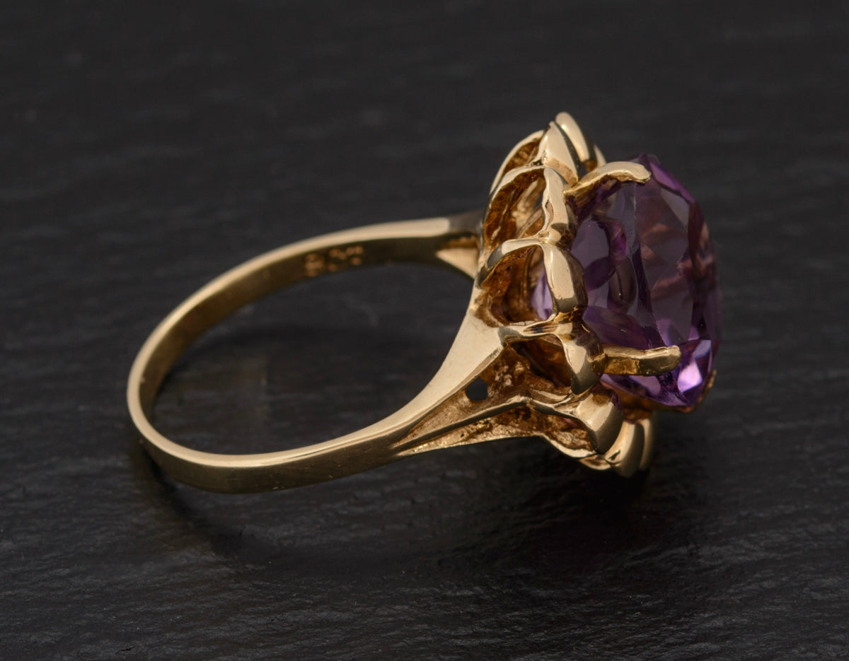 Vintage 9ct Gold Ring With Natural Amethyst Gemstone Modernist Design c.1960 (A1532)