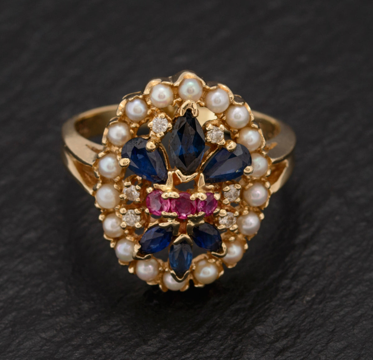 Vintage Franklin Mint 14K Gold Cocktail Ring Sapphire/Ruby/Diamond/Pearl (A1534)