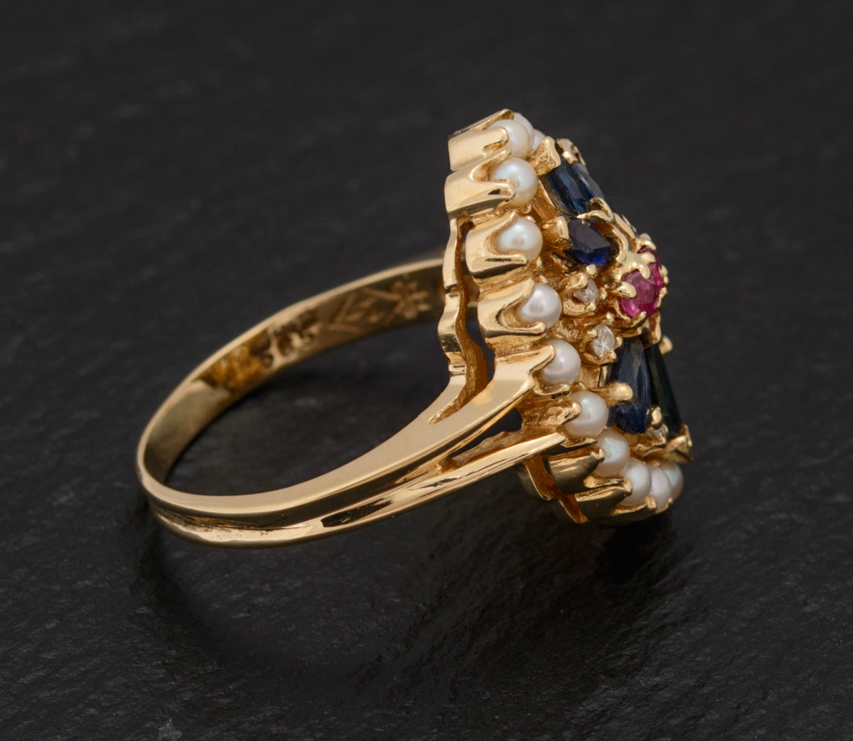 Vintage Franklin Mint 14K Gold Cocktail Ring Sapphire/Ruby/Diamond/Pearl (A1534)