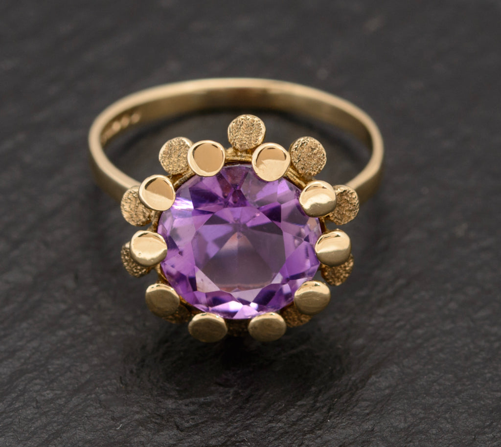 Vintage Modernist Amethyst Gemstone Ring In 9ct Gold 1970's Retro (A1539)