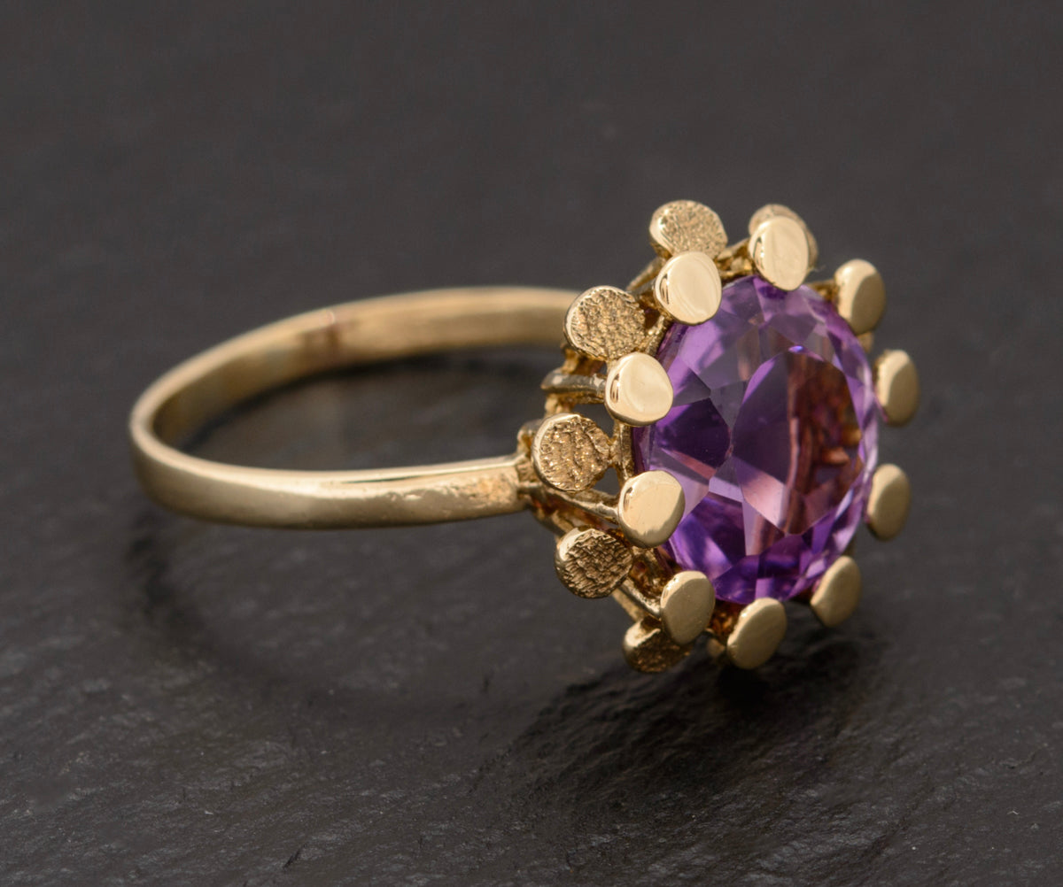 Vintage Modernist Amethyst Gemstone Ring In 9ct Gold 1970's Retro (A1539)