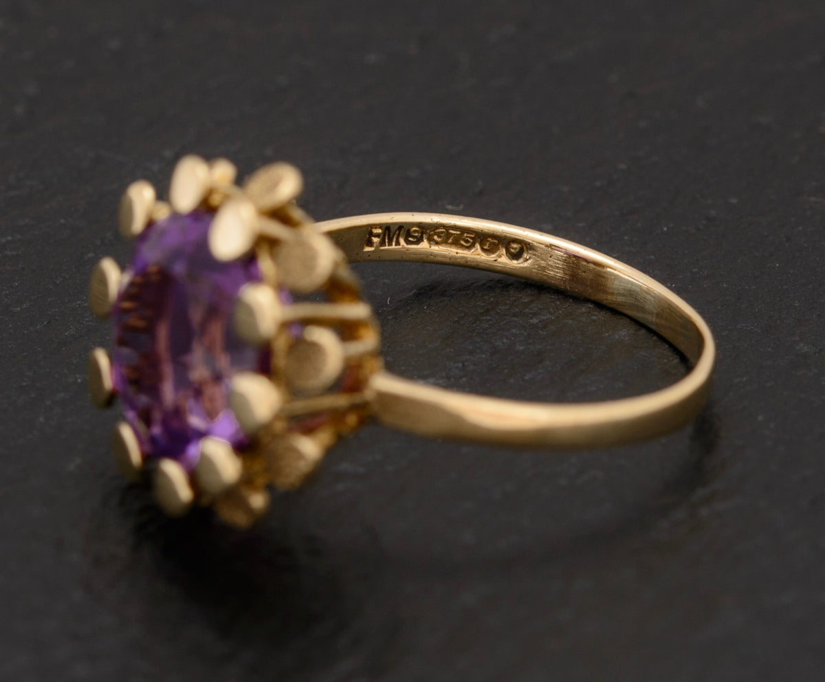 Vintage Modernist Amethyst Gemstone Ring In 9ct Gold 1970's Retro (A1539)
