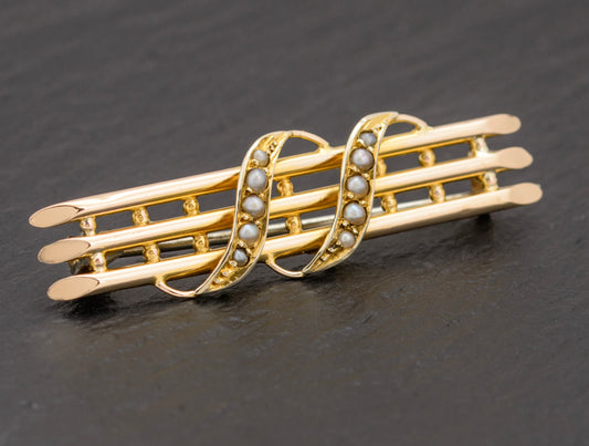 Antique Victorian 9ct Gold & Seed Pearl Bar Brooch / Pin c.1880 (A1541)