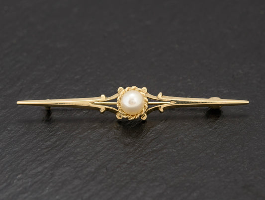 9ct Gold & Cultured Pearl Belle Epoque Revival Bar Brooch Sheffield 1992 (A1542)