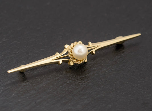 9ct Gold & Cultured Pearl Belle Epoque Revival Bar Brooch Sheffield 1992 (A1542)