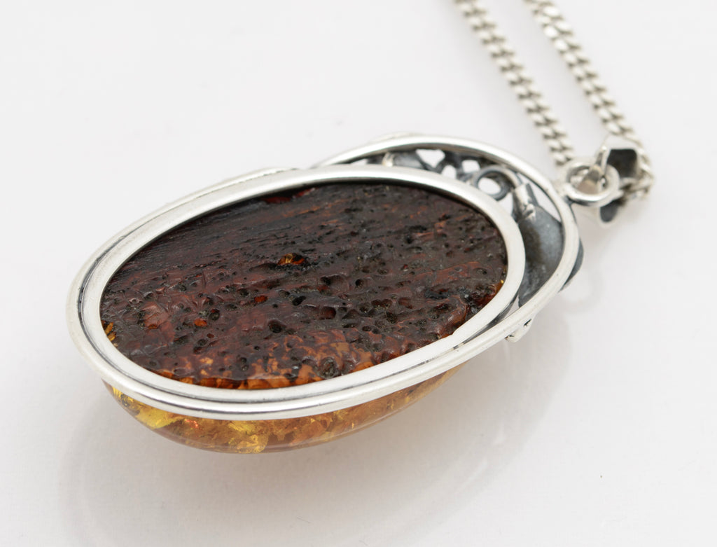 Vintage Sterling Silver & Amber Large Pendant With Chain Necklace (A1553)