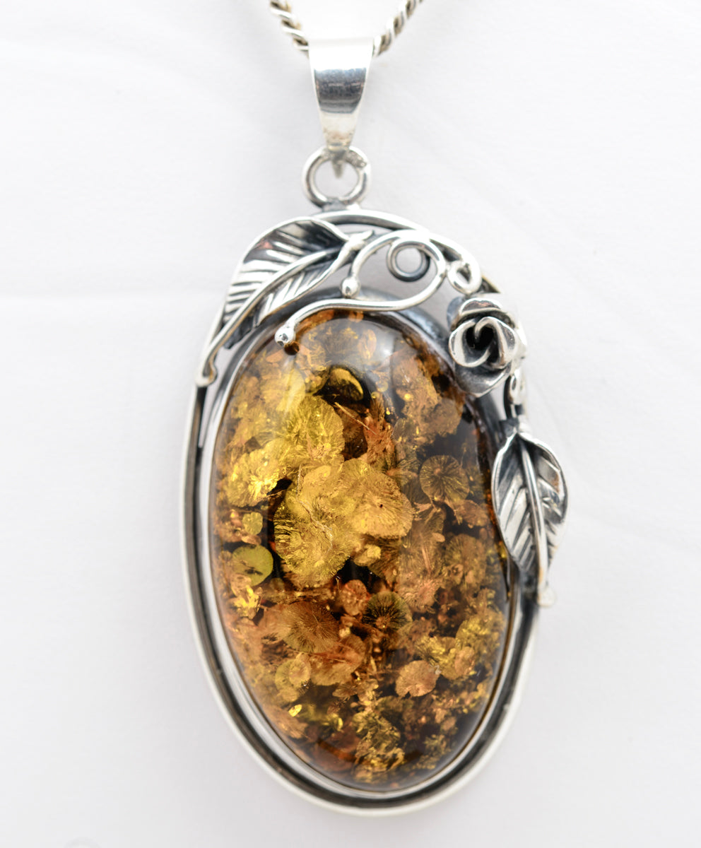 Vintage Sterling Silver & Amber Large Pendant With Chain Necklace (A1553)