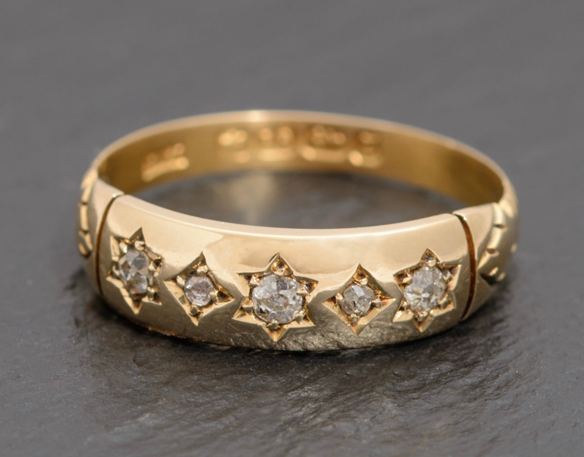 Antique 18ct Yellow Gold & 5 Diamond Ring Gypsy Set Victorian Dated 1899 (A1555)