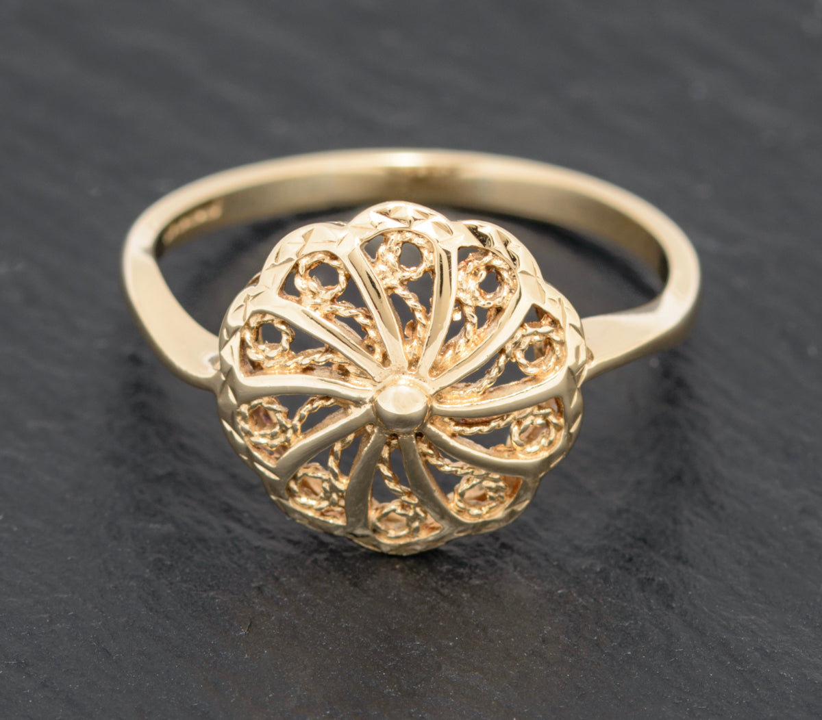 Vintage 9ct Gold Filigree Head Ring Stylish 1980's Design UK Size U (A1579)