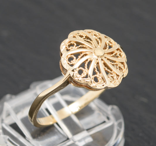 Vintage 9ct Gold Filigree Head Ring Stylish 1980's Design UK Size U (A1579)