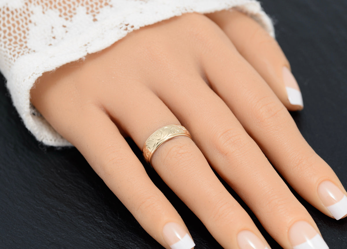 Vintage 14K 14ct Solid Gold Wedding Ring Band With Engraved Floral Design (A1583)