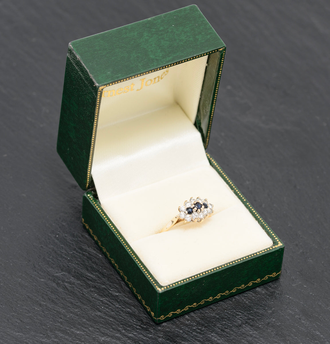 Vintage 9ct Gold Natural Sapphire & CZ Gem Triple Cluster Ring UK Size M  With Presentation Box (A1586)