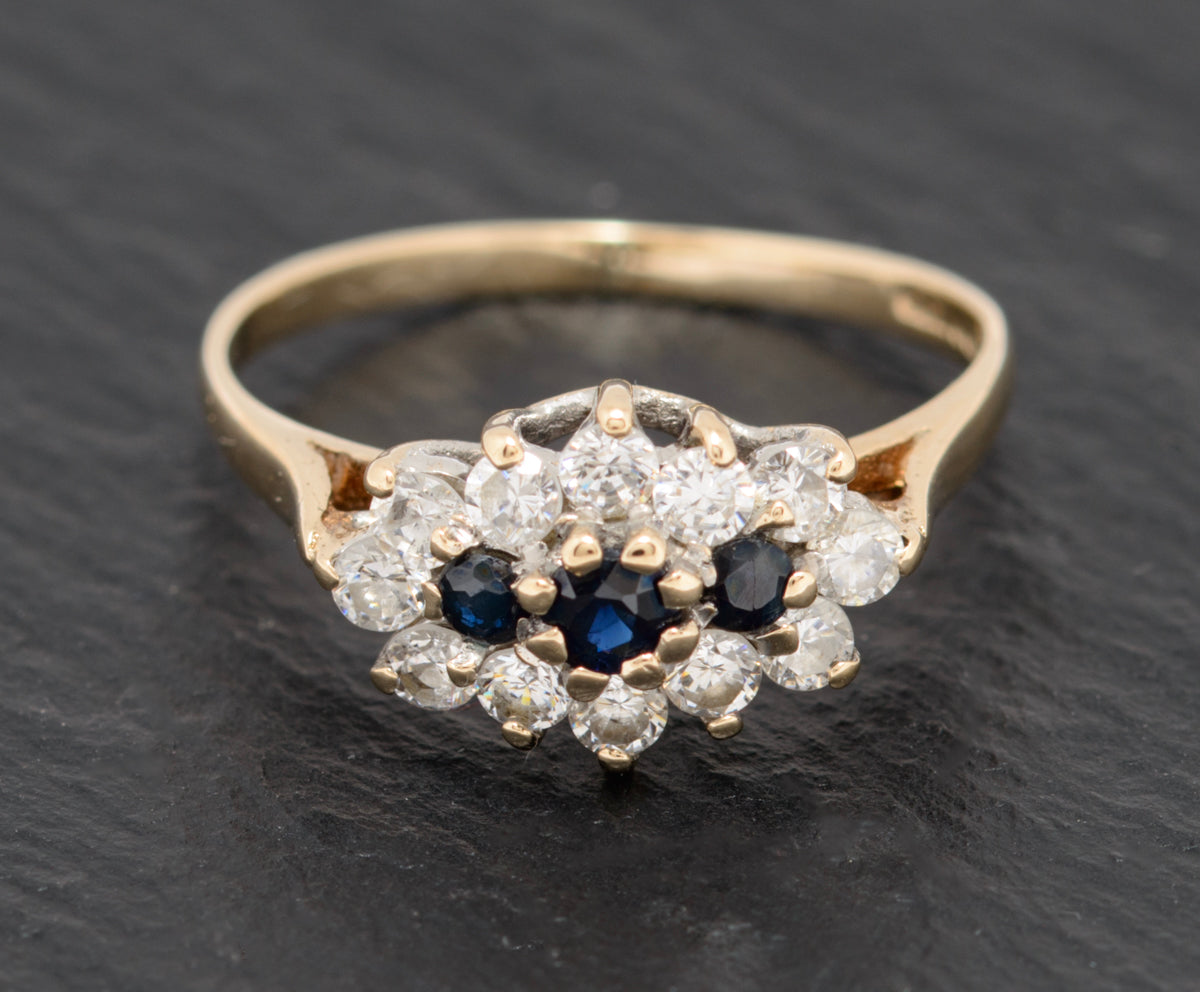 Vintage 9ct Gold Natural Sapphire & CZ Gem Triple Cluster Ring UK Size M  With Presentation Box (A1586)