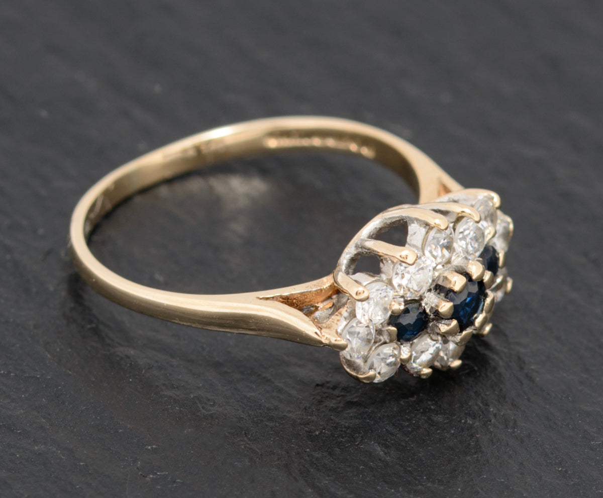 Vintage 9ct Gold Natural Sapphire & CZ Gem Triple Cluster Ring UK Size M  With Presentation Box (A1586)