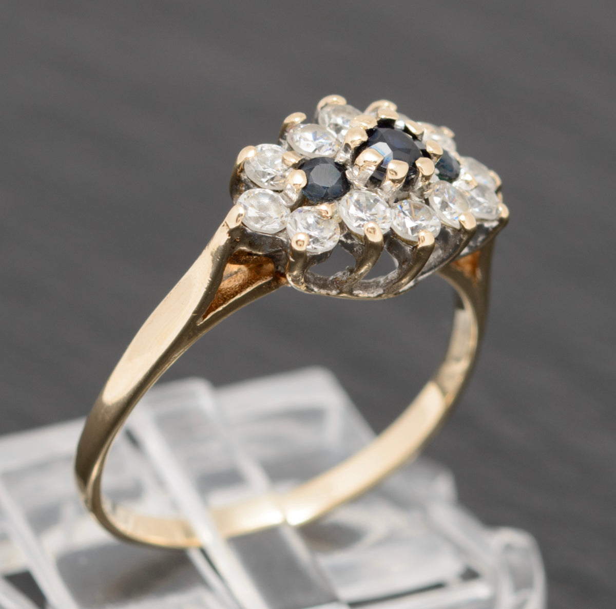 Vintage 9ct Gold Natural Sapphire & CZ Gem Triple Cluster Ring UK Size M  With Presentation Box (A1586)