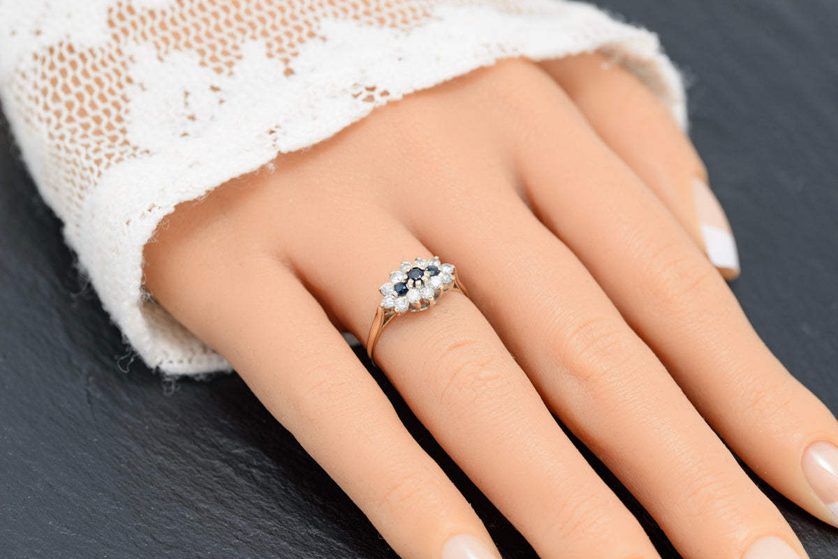 Vintage 9ct Gold Natural Sapphire & CZ Gem Triple Cluster Ring UK Size M  With Presentation Box (A1586)