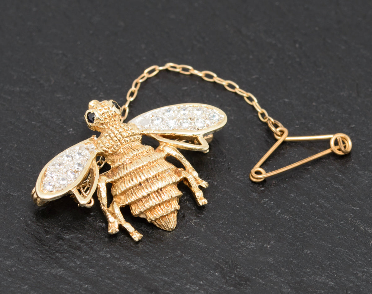 Vintage 9ct Gold Bee Brooch With Gemstones & Safety Chain 1980's Jewellery (A1587)