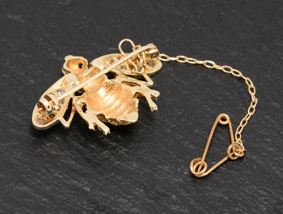 Vintage 9ct Gold Bee Brooch With Gemstones & Safety Chain 1980's Jewellery (A1587)