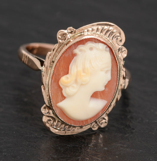 Vintage 9ct Gold & Carved Shell Cameo Ring Lady Head & Shoulders Profile (A1599)