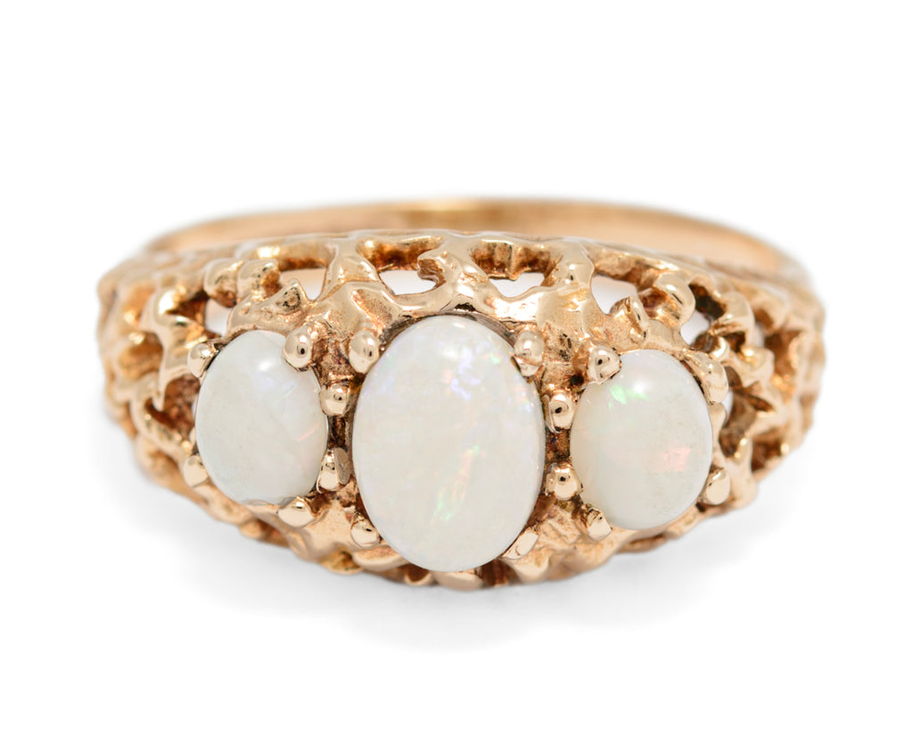 Vintage 9ct Gold Ring With 3 Precious White Natural Opal Cabochons 1970's (A1601)