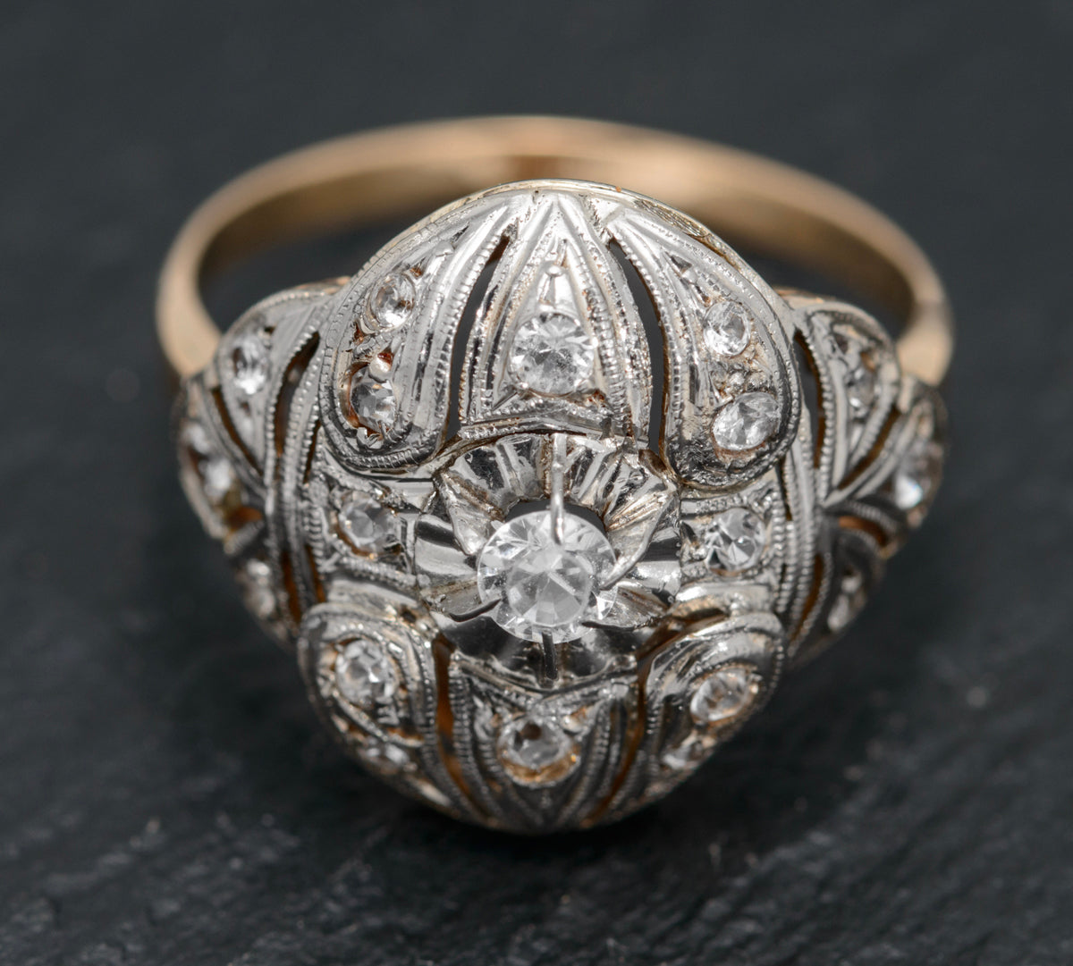 Art Deco 18ct Gold & Platinum French Cocktail Ring c.1920 Rock Crystal Gems (A1602)